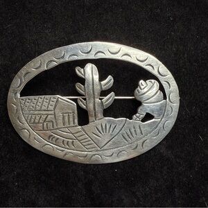 Vintage Mexican Sterling Silver Cactus Desert Scene Brooch